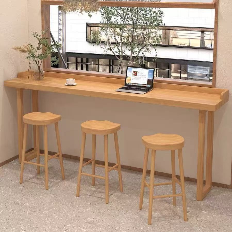 面馆实木吧台桌椅咖啡蛋糕店原木色高脚长条桌休闲靠墙桌椅组合