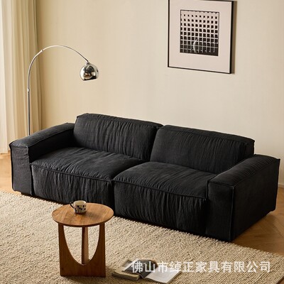 亚麻黑色布艺沙发现代简约客厅小户型棉麻豆腐块三人位直排可拆洗
