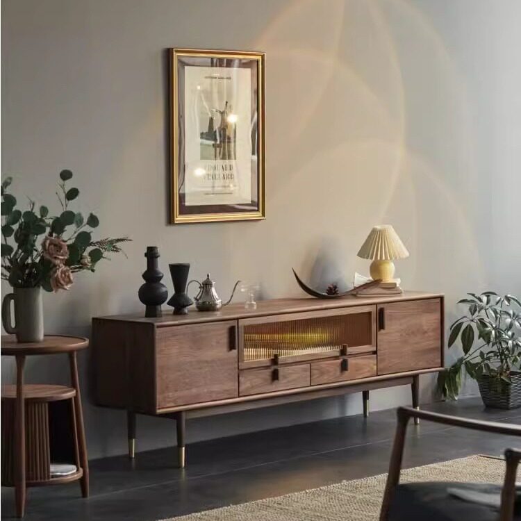 北欧黑胡桃木实木电视柜客厅简约小户型轻奢樱桃木原木家具收纳柜