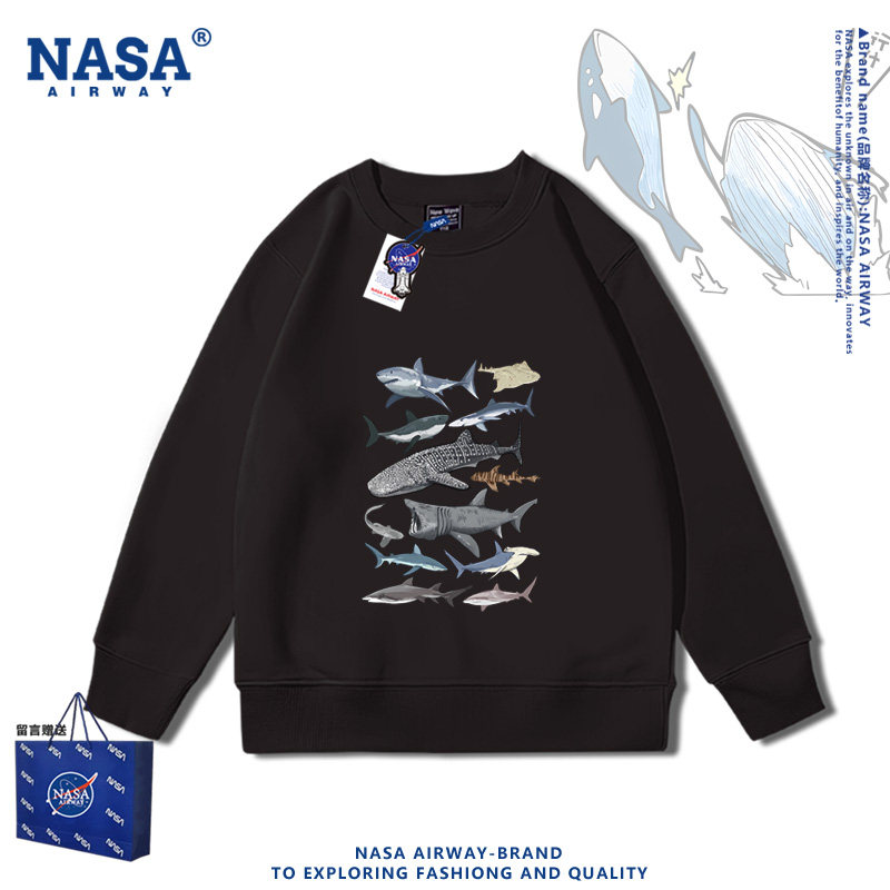 暴击鲸鱼鲨鱼复古海洋动物印花图案圆领卫衣男女儿童春秋薄款上衣