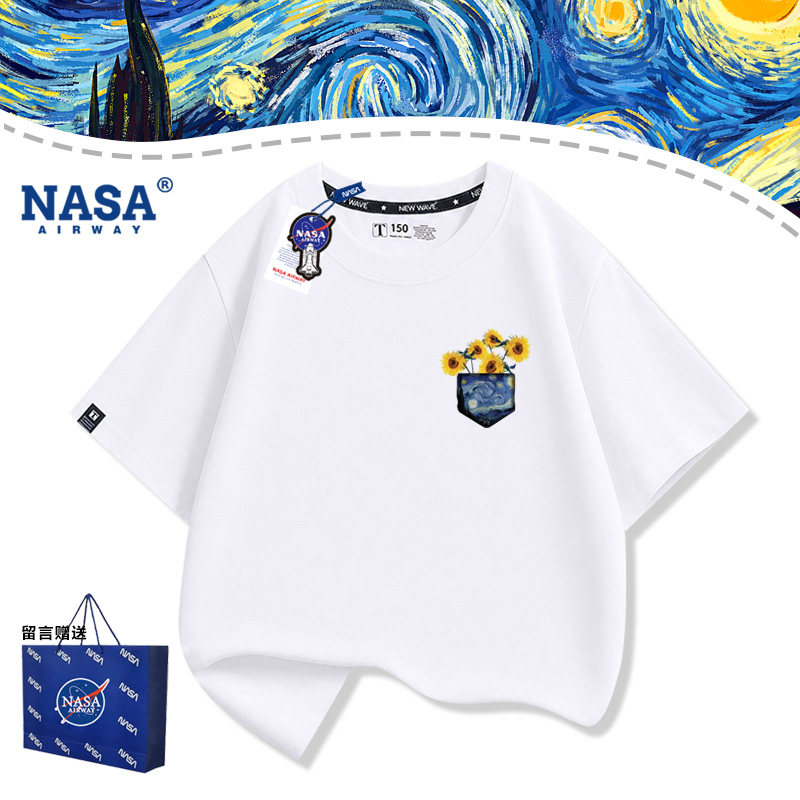 NASA联名梵高星空向日葵假口袋创意卡通图案男女纯棉短袖T恤夏季