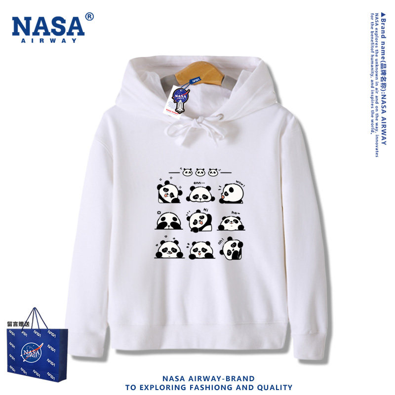 NASA联名可爱大熊猫国潮卡通图案儿童连帽卫衣男女秋冬加绒上衣服