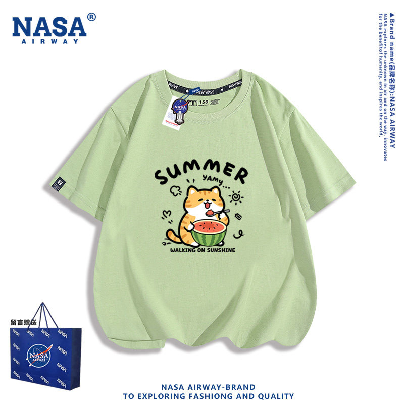 NASA联名小猫咪吃西瓜夏日小清新卡通儿童男女纯棉短袖T恤半袖夏