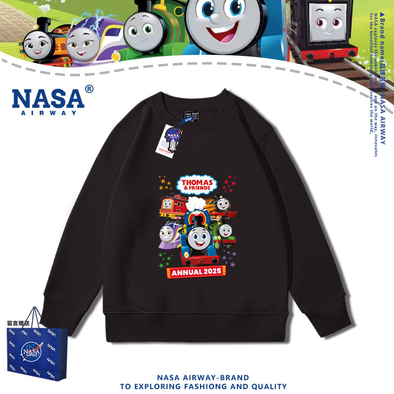 NASA联名托马斯小火车卡通图案儿童周边男女秋冬圆领卫衣加绒上衣
