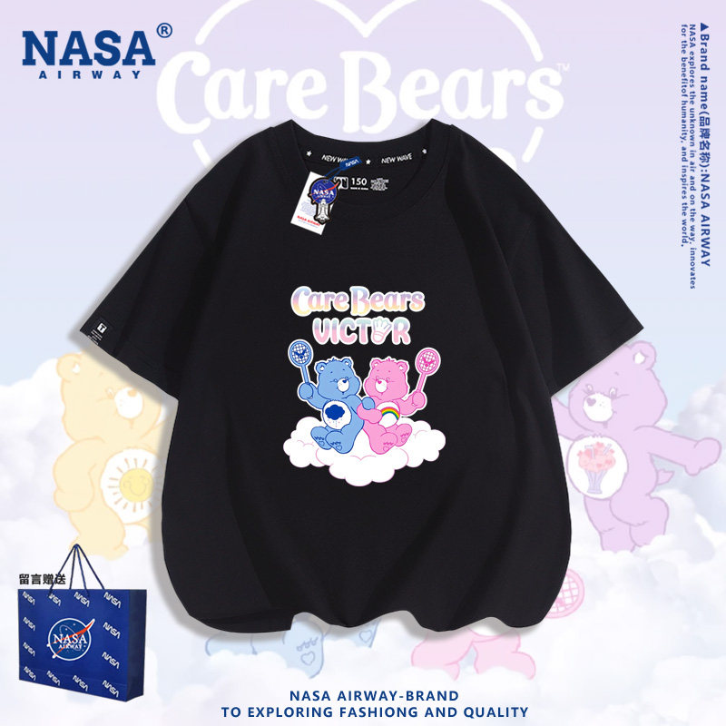 NASA联名爱心熊联名胜利羽毛球卡通图案男女纯棉短袖T恤夏季半袖
