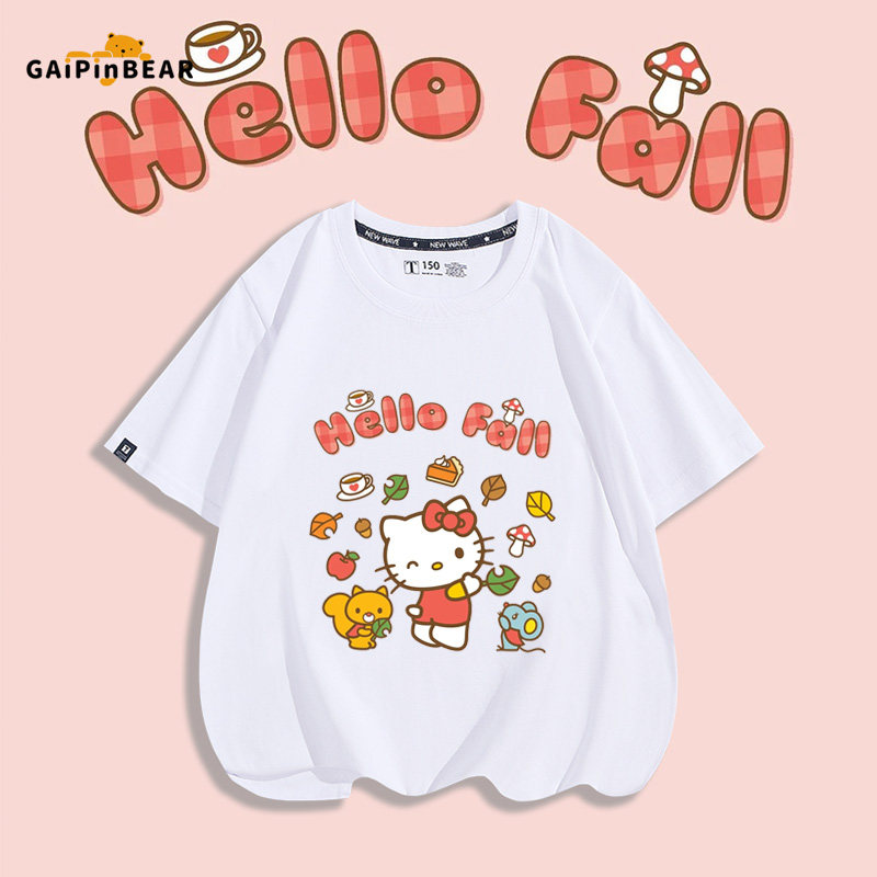 Hello kitty猫卡通印花儿童纯棉短袖T恤夏季亲子装宽松印花半袖潮