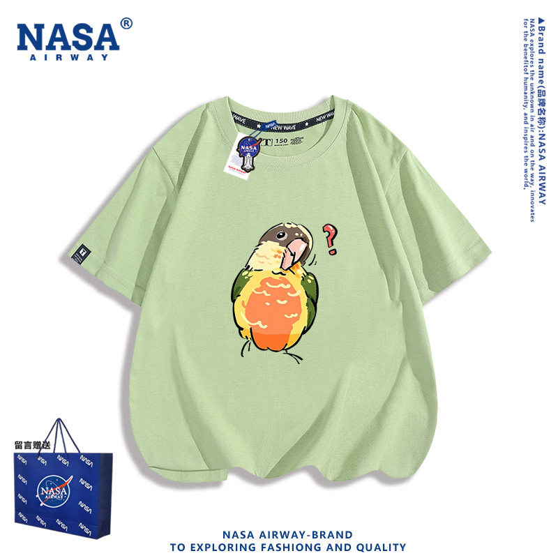 NASA AW玄凤鹦鹉卡通图案小鸟儿童男女纯棉短袖T恤半袖新款夏季潮