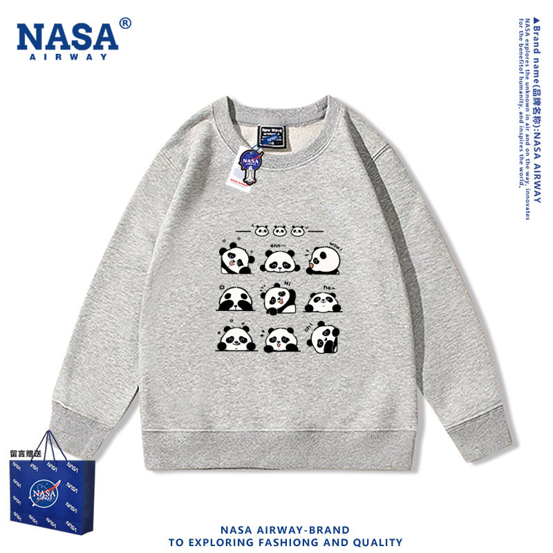 NASA联名可爱大熊猫国潮卡通图案儿童男女秋冬圆领卫衣加绒上衣服