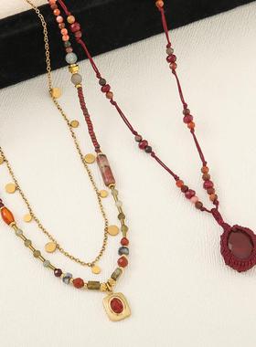 复古港风天然花红石红色长款项链