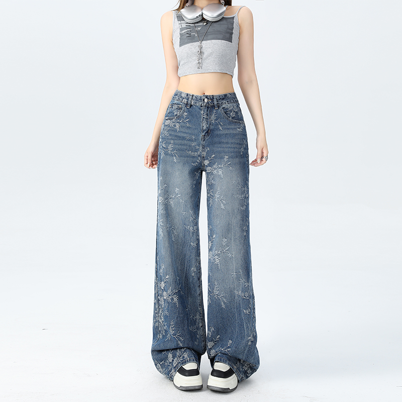 复古提花蓝色高腰阔腿牛仔裤