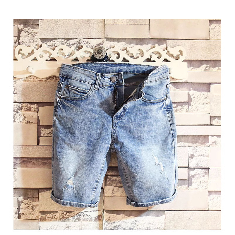 夏季修身潮男士乞丐破洞水洗做旧牛仔短裤韩版ins直筒5五分裤子