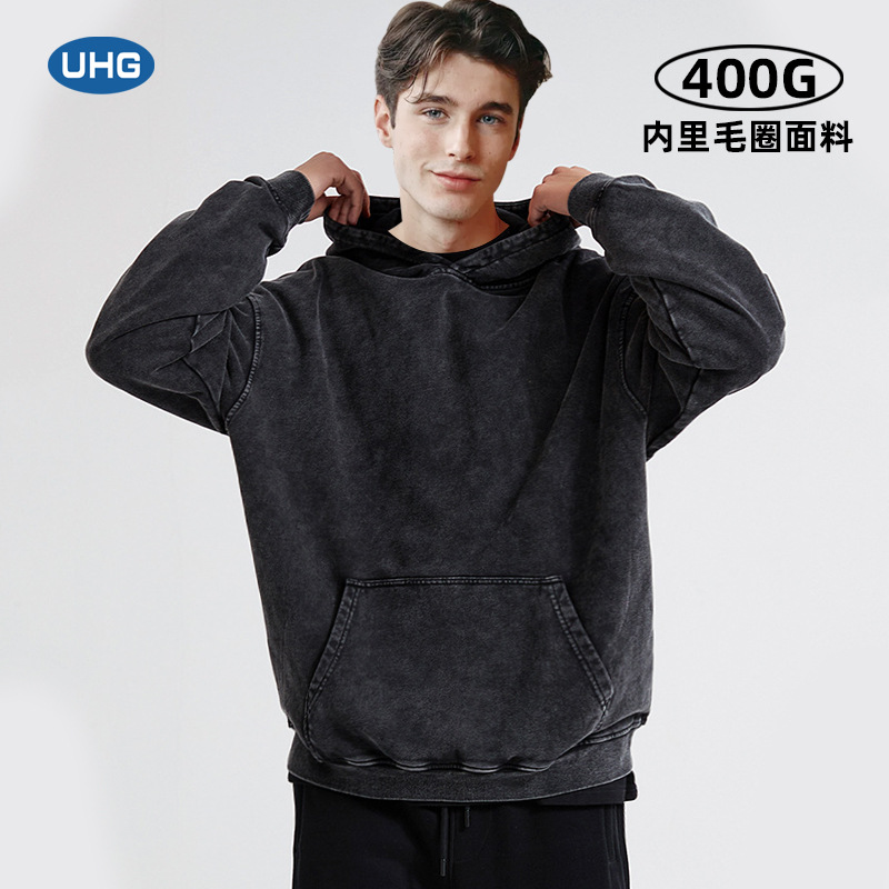 UHG400g套头卫衣连帽重磅美式复古炒雪花宽松外套亚马逊男潮牌