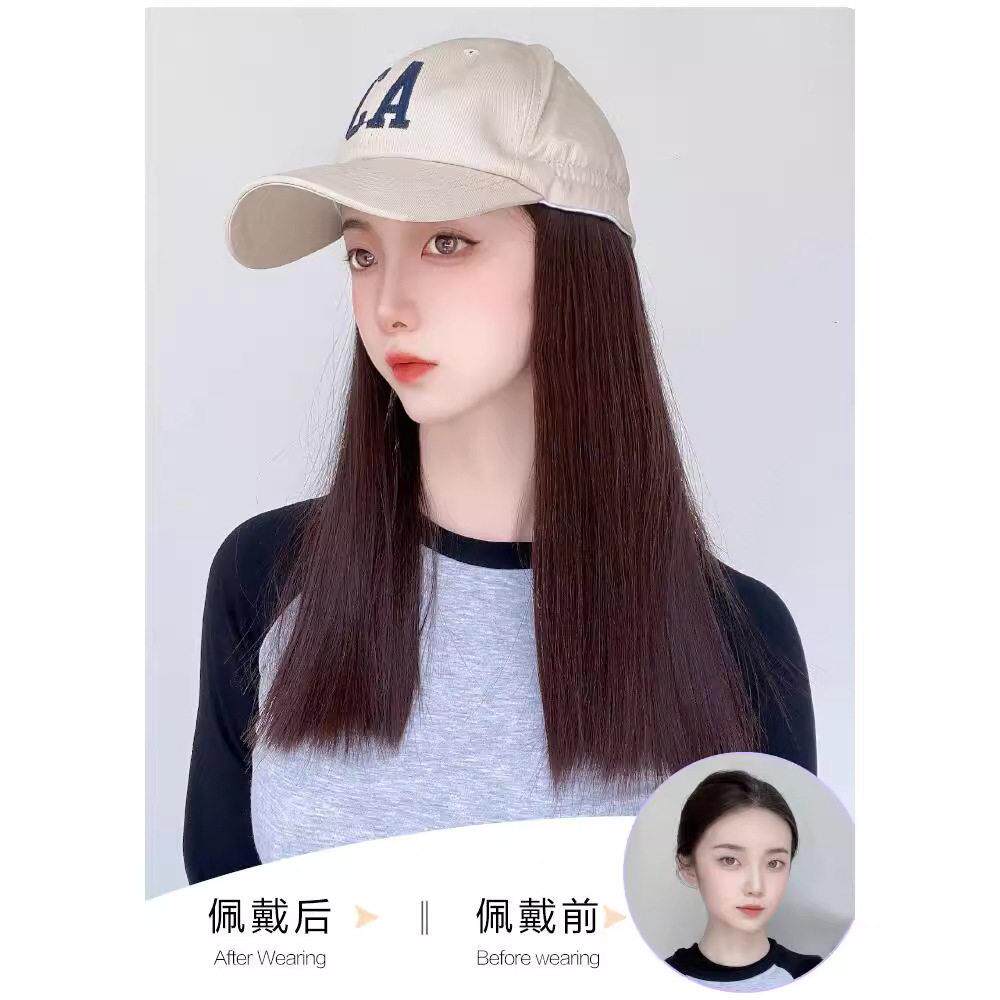 新款直销帽子假发一体式假发女款中长直发时尚鸭舌帽棒球帽带字母