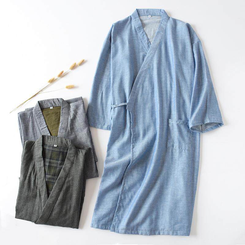 新款直销男款日系和服睡袍夏季新款梭织棉双层纱布透气浴袍家居洗