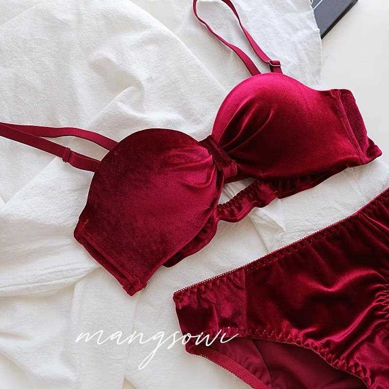 直销新款法式轻奢丝绒小胸聚拢上托无痕内衣无钢圈性感红色本命年