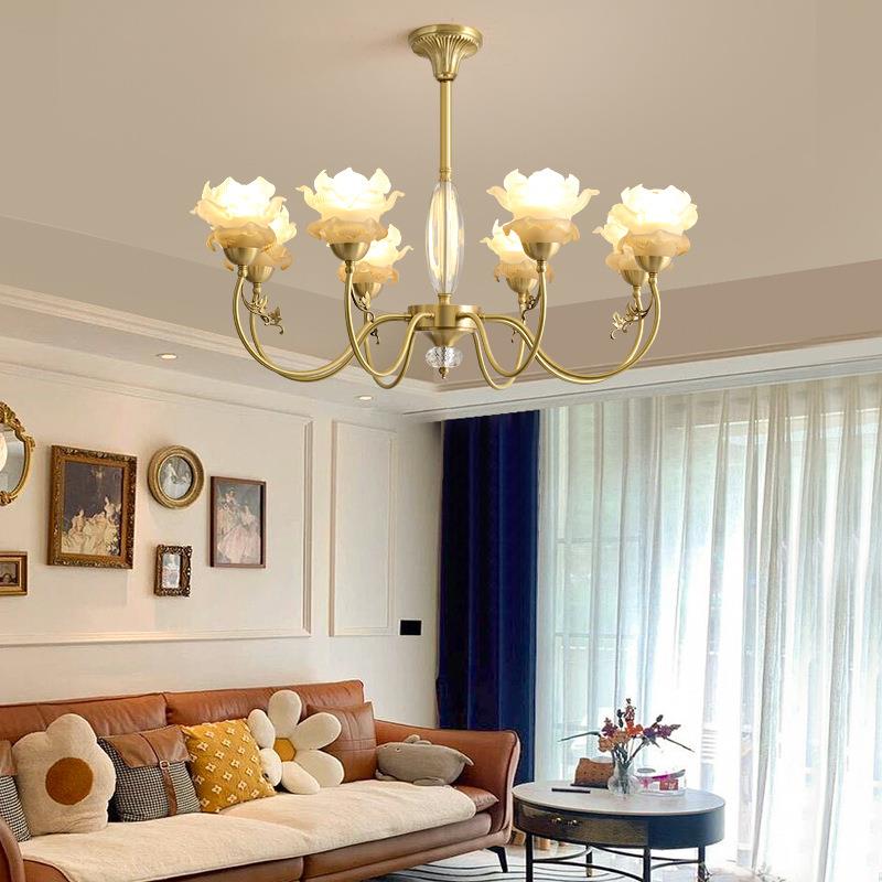 直销新款美式侘寂风客厅灯 法式轻奢全铜客厅吊灯复古餐厅别墅客