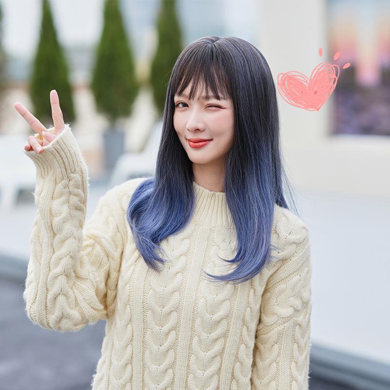 直销新款现货自然中长发修脸气质直发长卷发女无痕全头套渐变假发