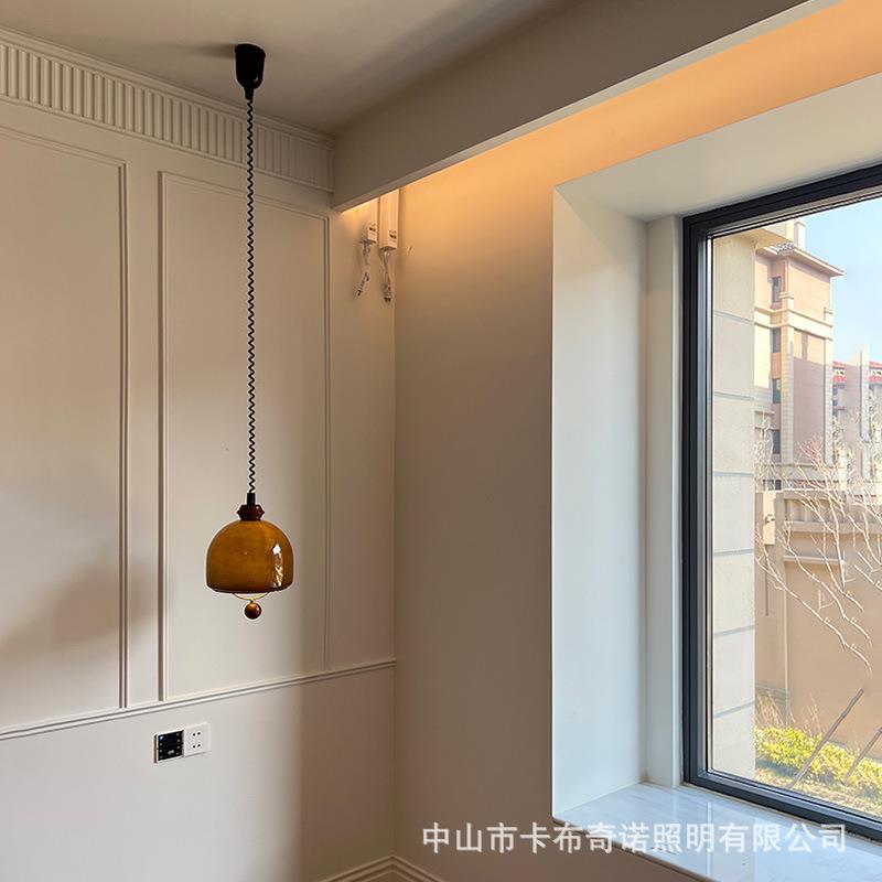 直销新款中古玻璃吊灯可伸缩餐厅吧台灯日式实木诧寂风复古岛台餐