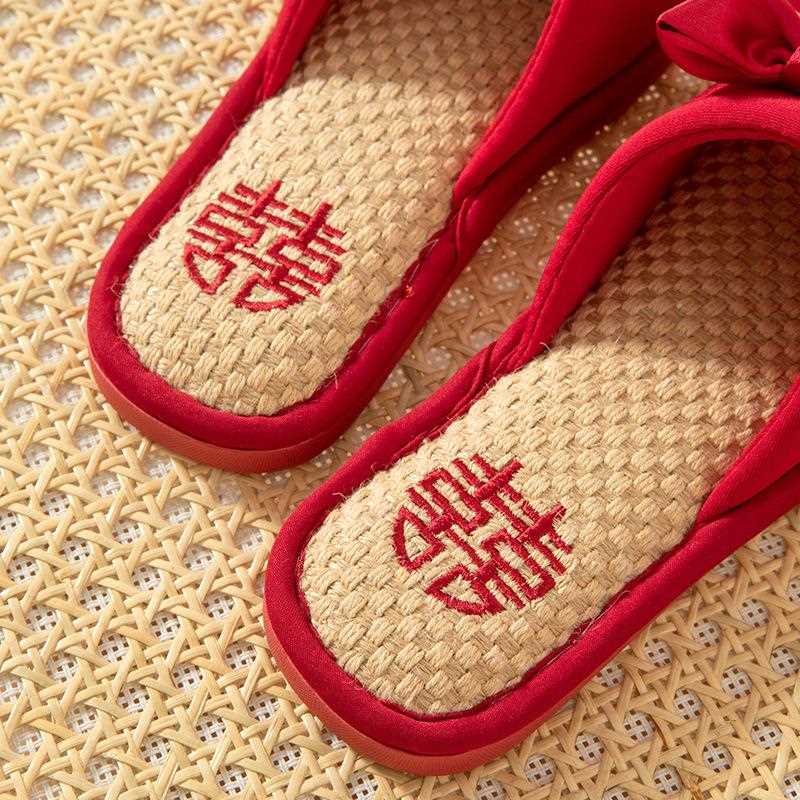 直销新款结婚拖鞋女喜庆红色一对夏季居家室内地板婚庆情侣亚麻拖