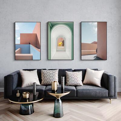 直销新款现代轻奢艺术装饰画粉色建筑北欧ins客厅书房墙壁挂画工