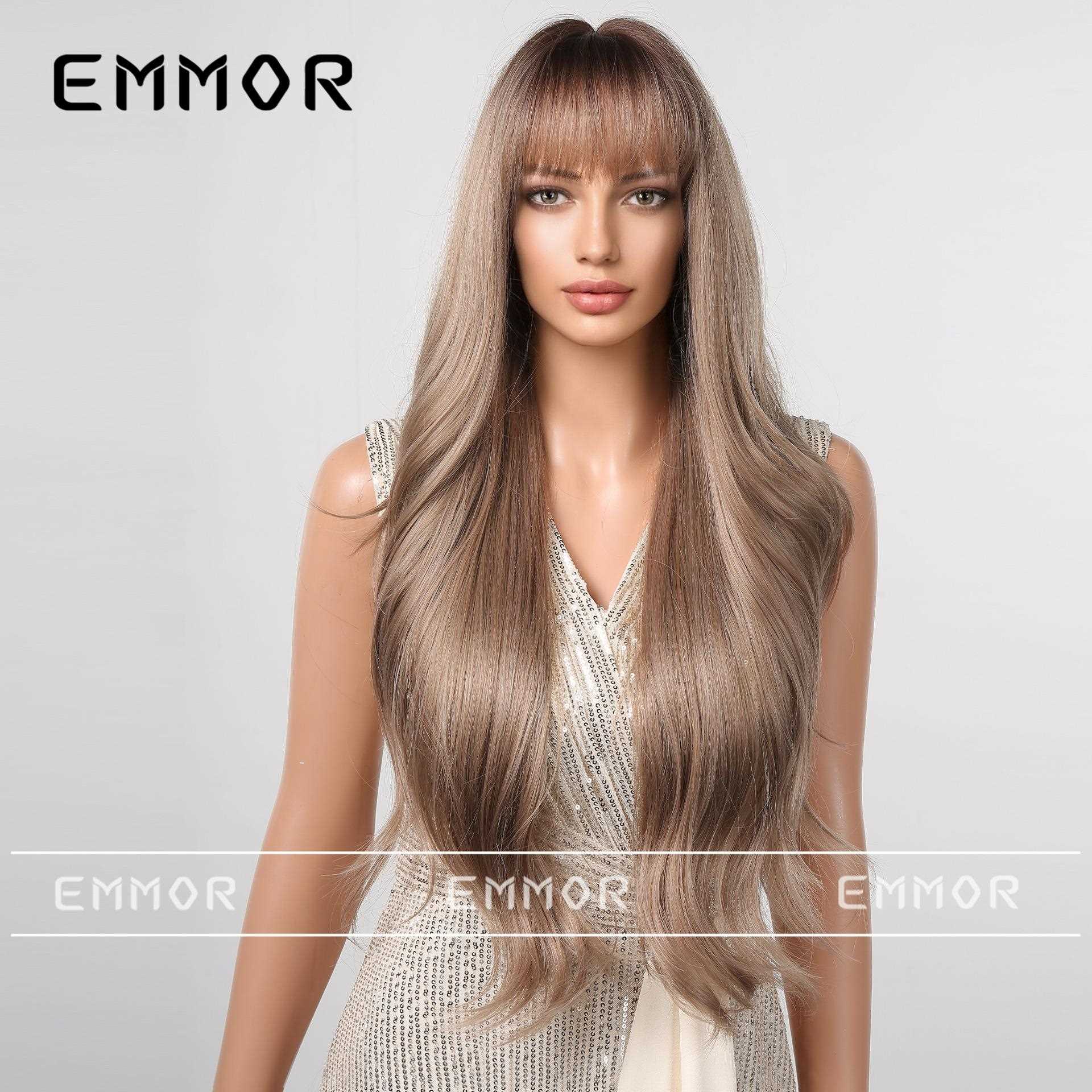 直销新款亚马逊热销女士假发 齐刘海棕色长卷发自然蓬松整顶化纤