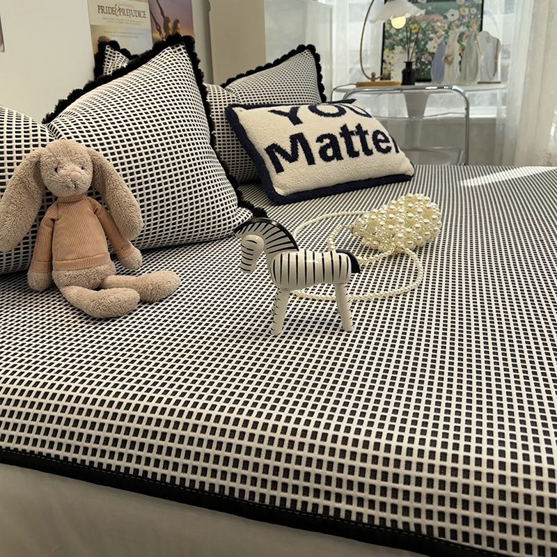 正官旗ins简约黑白华夫格夏凉席三件套可机洗折叠空调软冰丝席子3