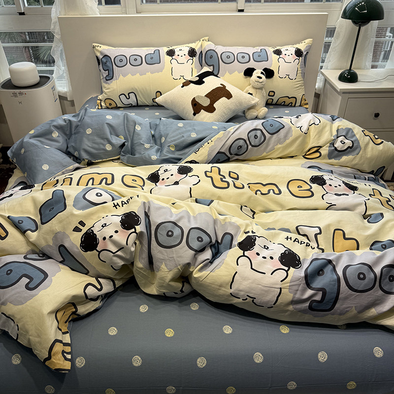 ins可爱字母狗狗少女心纯棉四件套1.5m1.8全棉被套床单宿舍三件套