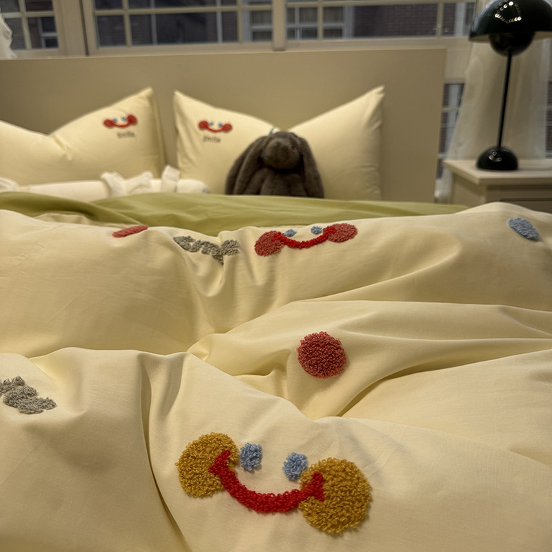 ins简约绿色毛巾绣纯棉四件套全棉被套床单笠宿舍可爱学生三件套