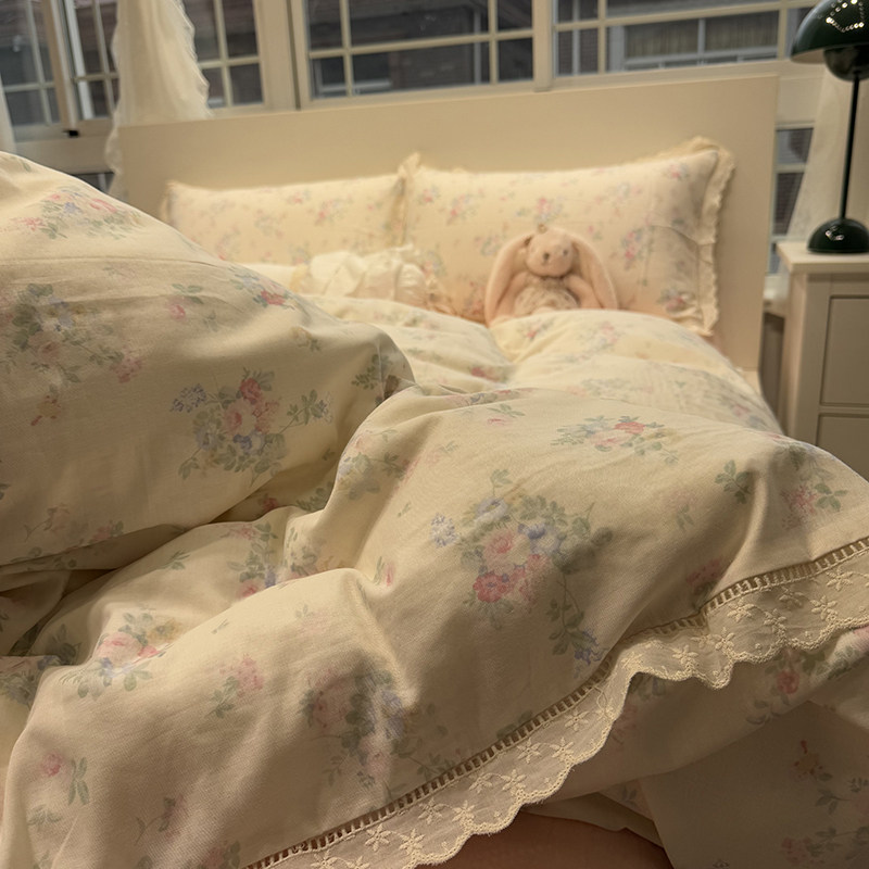 田园花边双层纱少女心四件套粉色茉莉花1.5m1.8米全棉纯棉三件套