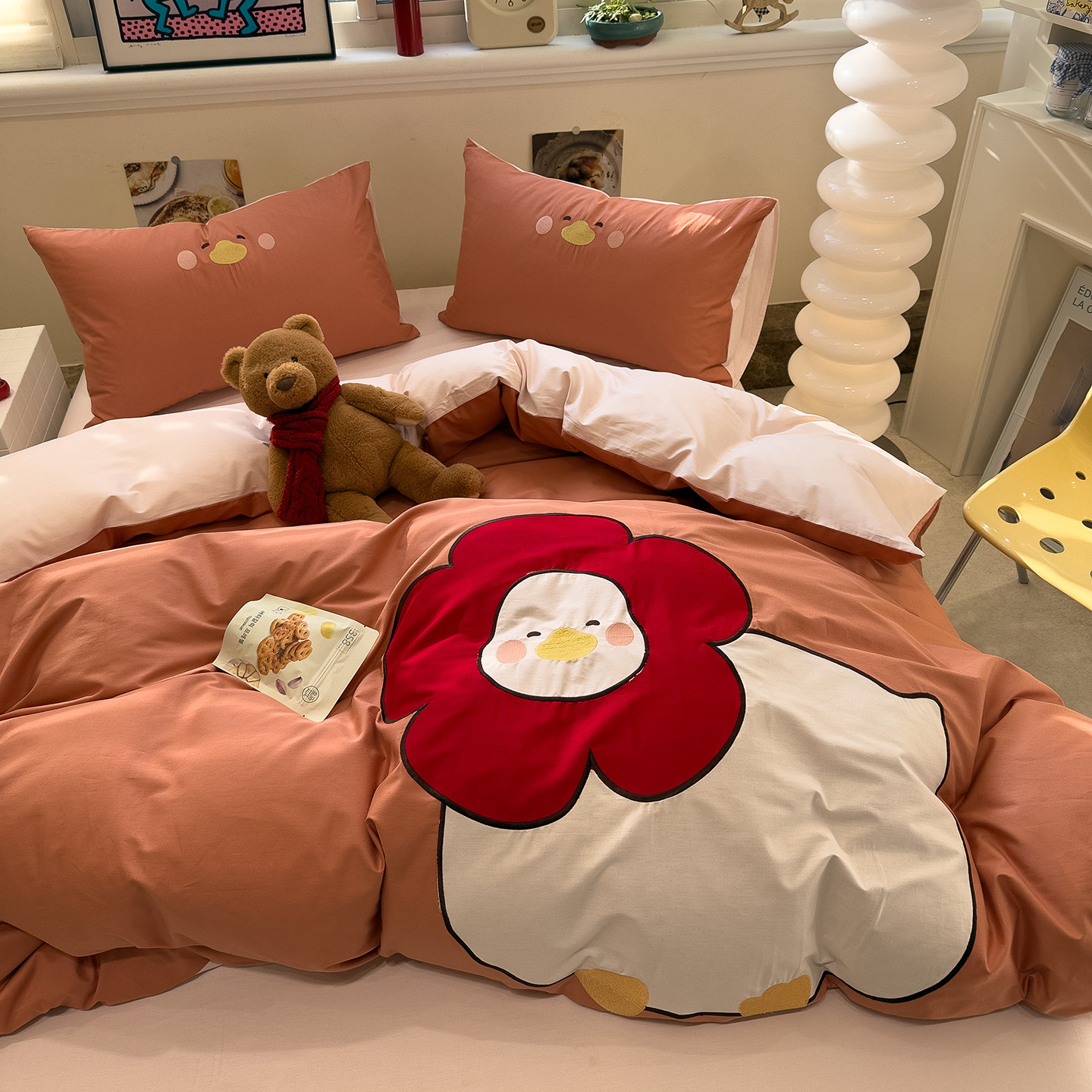 小清新鸭丫贴布绣全棉四件套床单被套宿舍床三件套纯棉床笠可爱款