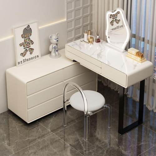 款梳妆实木奶油风卧室现代简约新化台极971台简斗柜一体岩板化妆