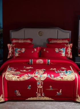 庆10提S6纯棉贡缎新中式结23808HFT婚四件套全棉刺绣款花婚庆龙凤