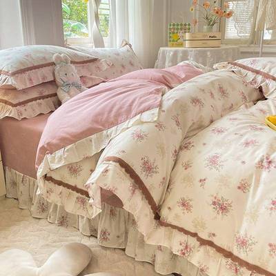 田园碎花韩版件套纯棉全棉三件小套床单被四H40/BB公套主风花边女