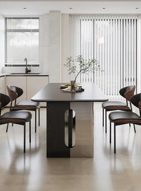 意简实木式岩板28349餐桌复古风小户型锈钢长方形极餐桌椅组合不