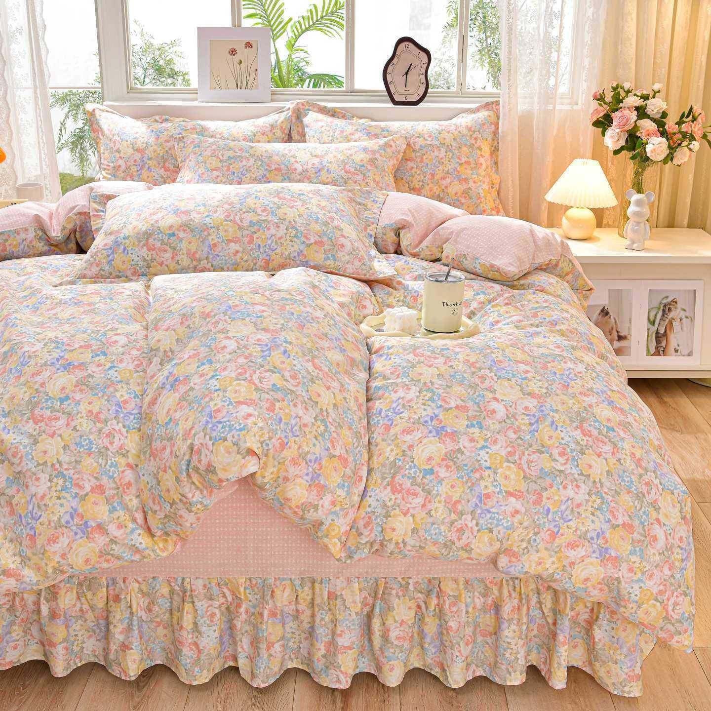 小碎款花全棉PLD斜纹印花床裙四件套纯棉被床裙套枕套宿床上舍三