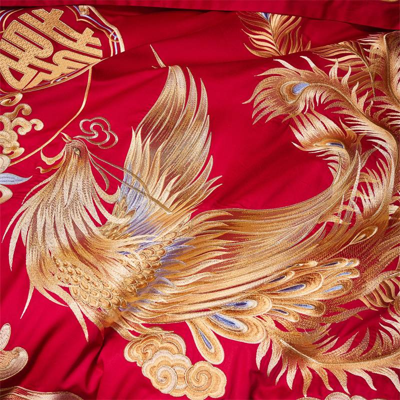 高端120S纯棉长绒棉婚庆四件套新中式龙凤刺绣结婚红色床上用品