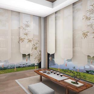 新中式水竹画室半透屏风升遮降卷茶帘中国2223风隔断门帘电动山窗