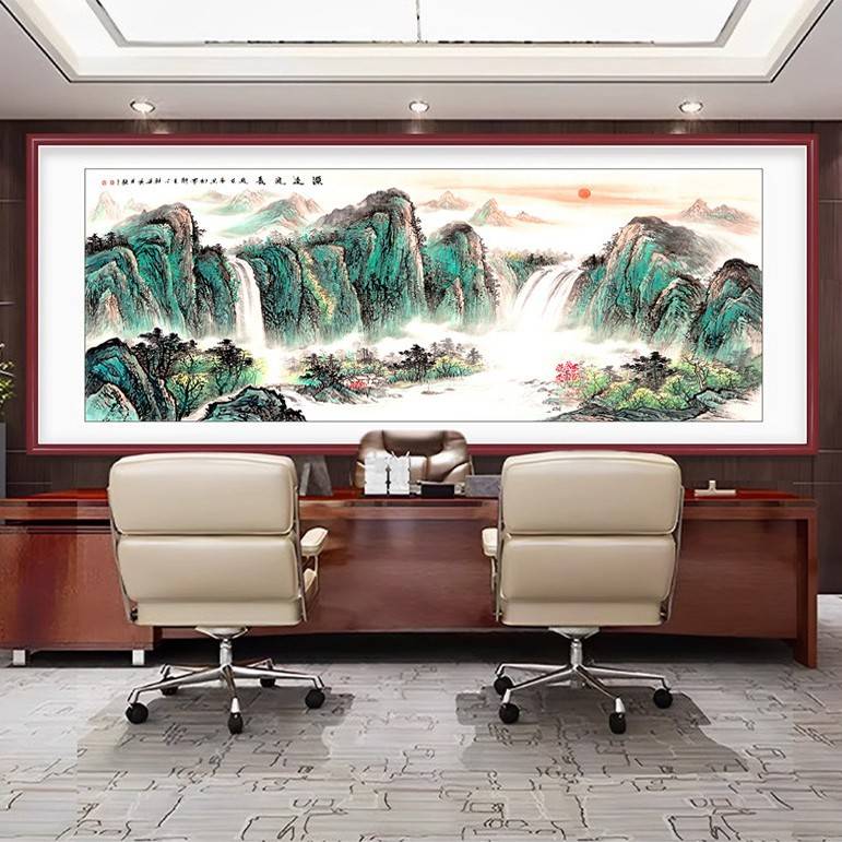 中式客厅东墙流水生财手工宣纸国画青绿山水画办公室聚宝盆挂画