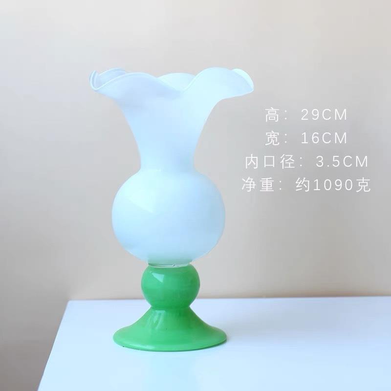 中古琉璃花瓶PCR高脚圆古璃肚长颈喇叭口花器式复轻法奢玻瓶