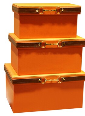 橙色家用整理箱储物箱子大号皮质样板房装饰摆件衣柜衣帽间收纳盒