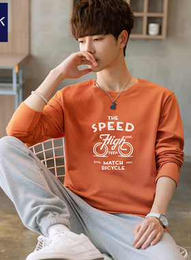 橘黄橙色长袖t恤男士2025春季新款青少年高中生潮流加绒秋衣