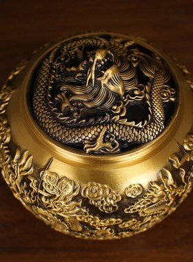 纯黄铜九龙茶叶罐纯铜龙凤百福带盖茶罐家用客厅大号密封罐储存罐