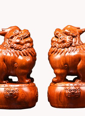 花梨木雕福貔貅摆件一对实木家居客厅新居乔迁办公装饰中式工艺品