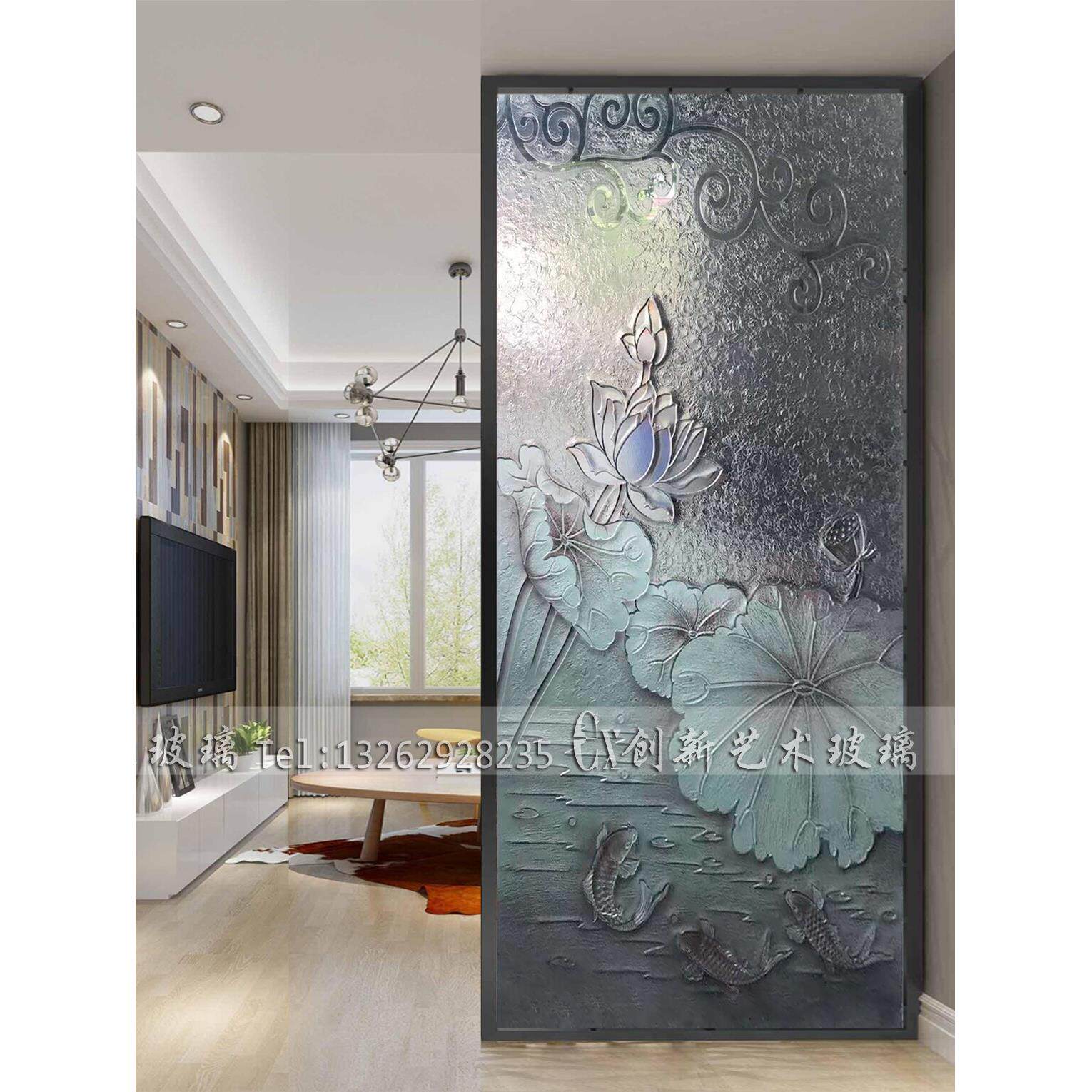 定制艺术玻璃屏风隔断客厅入户玄关背景双面透光立体浮雕钢化荷花