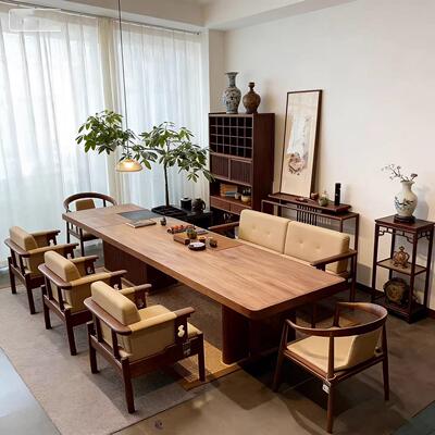 新中式茶桌椅北美黑胡桃木别墅茶台设计师款 茶室实木办公泡茶桌