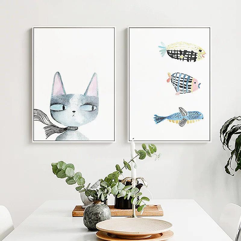 三小姐猫鱼北欧客厅沙发背景墙装饰画小众艺术挂画小清新玄关壁画
