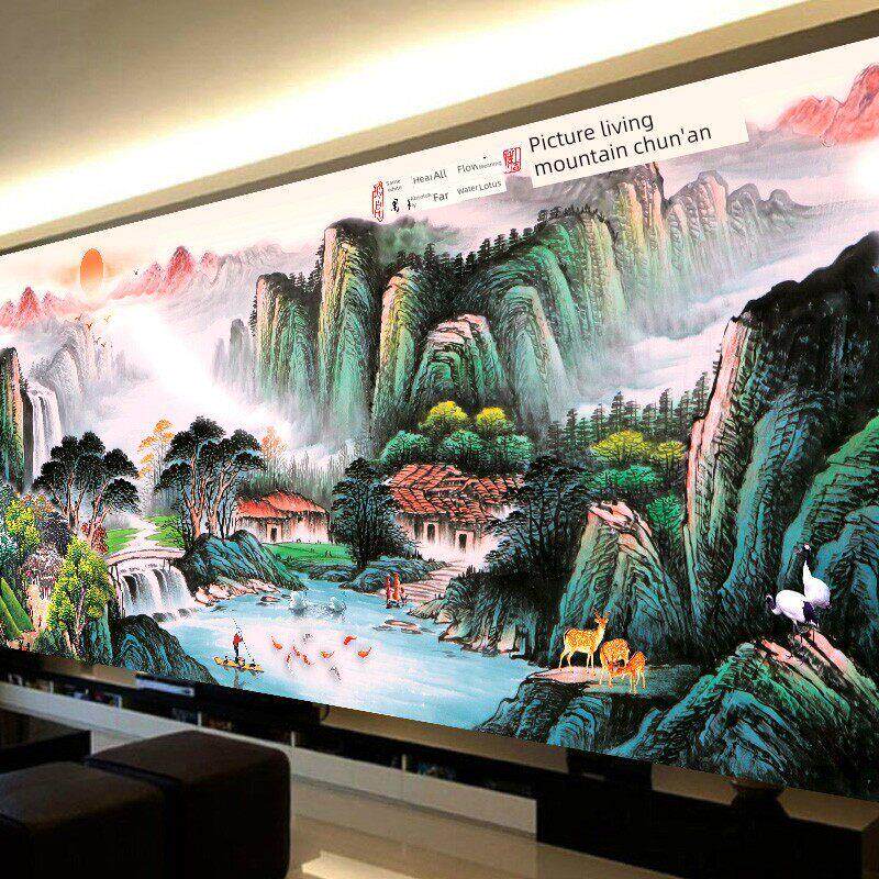 十字绣成品，纯手工富春山居画，聚宝盆，流水，财富，新山水带框