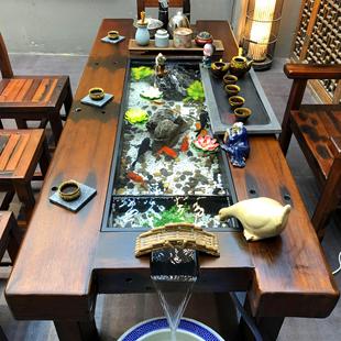 老船木流水茶桌茶台新中式茶几实木功夫茶道茶艺泡茶桌椅组合喝茶