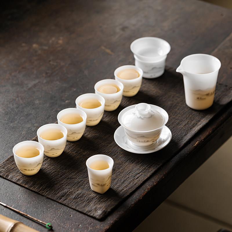 冰种玉白瓷盖碗茶杯手绘山水套装陶瓷高端功夫茶具整套泡茶碗送礼