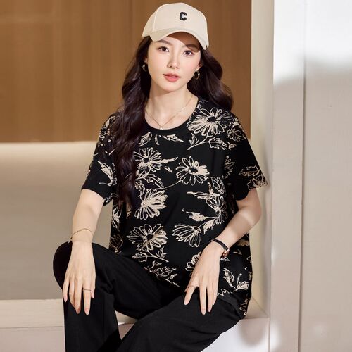 加肥加大码女装夏装胖妹妹洋气时尚C减龄上衣胖mm宽松显瘦短袖T恤